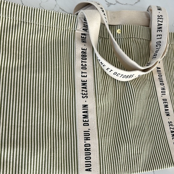 Sezane Cabas Libre Service Weekender Large Tote Green Stripe Cream 100% Cotton - Picture 6 of 14